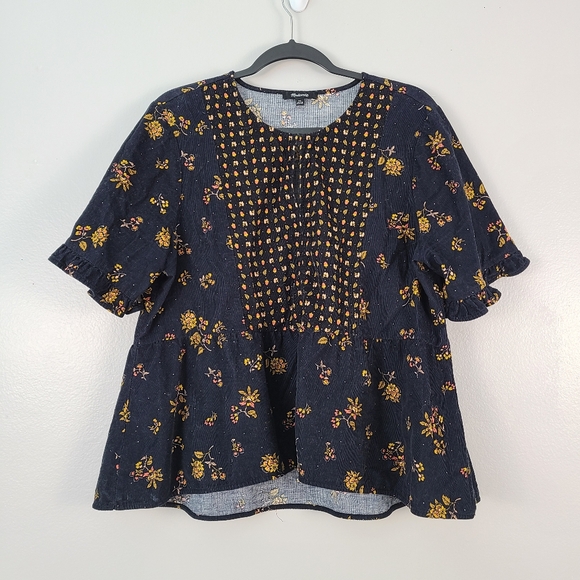 Madewell Corduroy Acorn Foulard Peplum Top in Cord Floral True Black - Picture 2 of 12